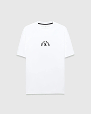 White Mens Stevie Relaxed Fit Tee, crafted from soft jersey fabric, showcasing a small, central chest black arched Psycho Bunny text and iconic skull logo.