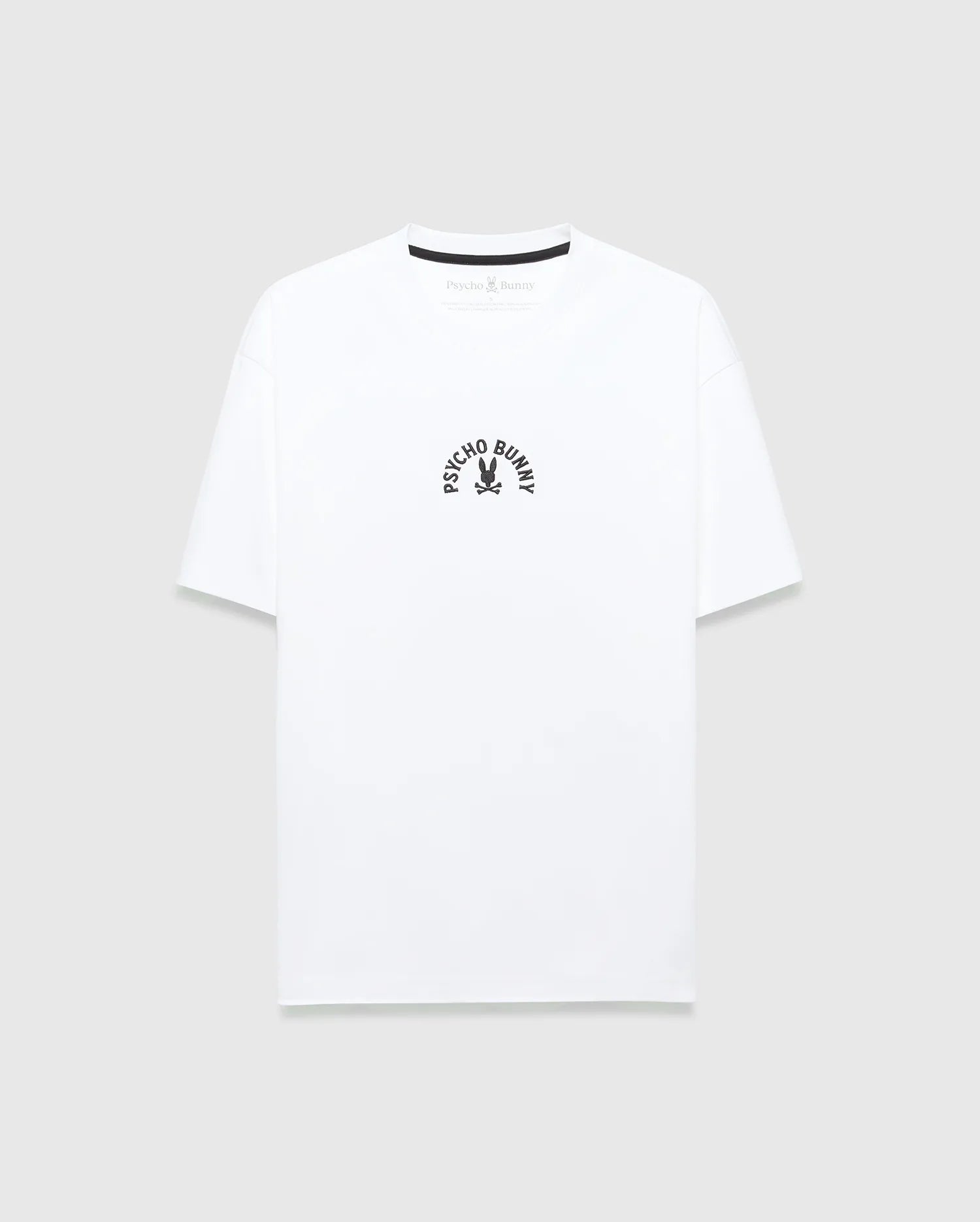 White Mens Stevie Relaxed Fit Tee, crafted from soft jersey fabric, showcasing a small, central chest black arched Psycho Bunny text and iconic skull logo.