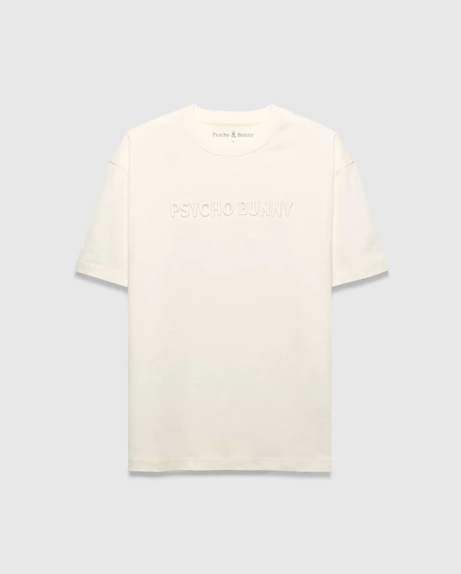 Mens Windcrest Relaxed Fit Tee in cream jersey, featuring a large tonal embossed PSYCHO BUNNY chest logo and a small embroidered bunny skull on the back neck. (5)