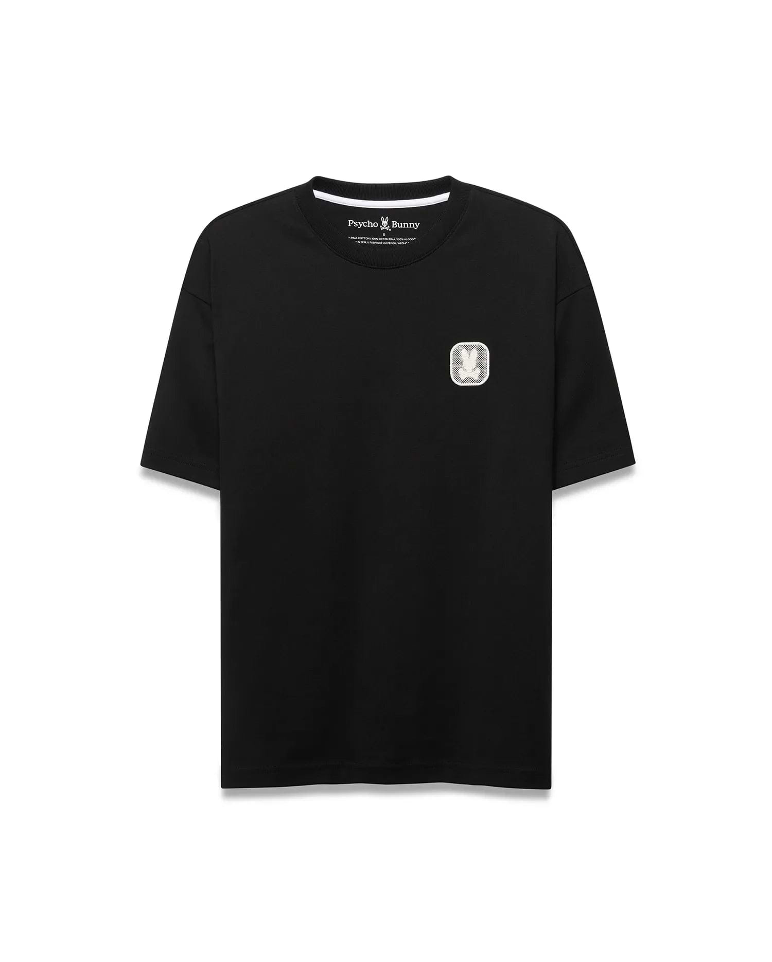 Men's Samson Oversized Bunny Tee, a black oversized jersey knit t-shirt with a refined, small white textured square embroidered Psycho Bunny skull logo patch on the left chest. (5)