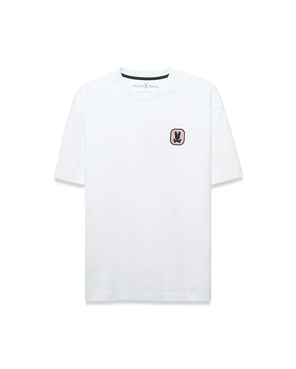Men's Samson Oversized Bunny Tee, a white jersey t-shirt with an oversized fit, featuring a small pink and black embroidered bunny skull logo on the left chest and black Psycho Bunny neck tape. (5)