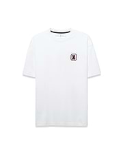 Men's Samson Oversized Bunny Tee, a white jersey t-shirt with an oversized fit, featuring a small pink and black embroidered bunny skull logo on the left chest and black Psycho Bunny neck tape. (5)