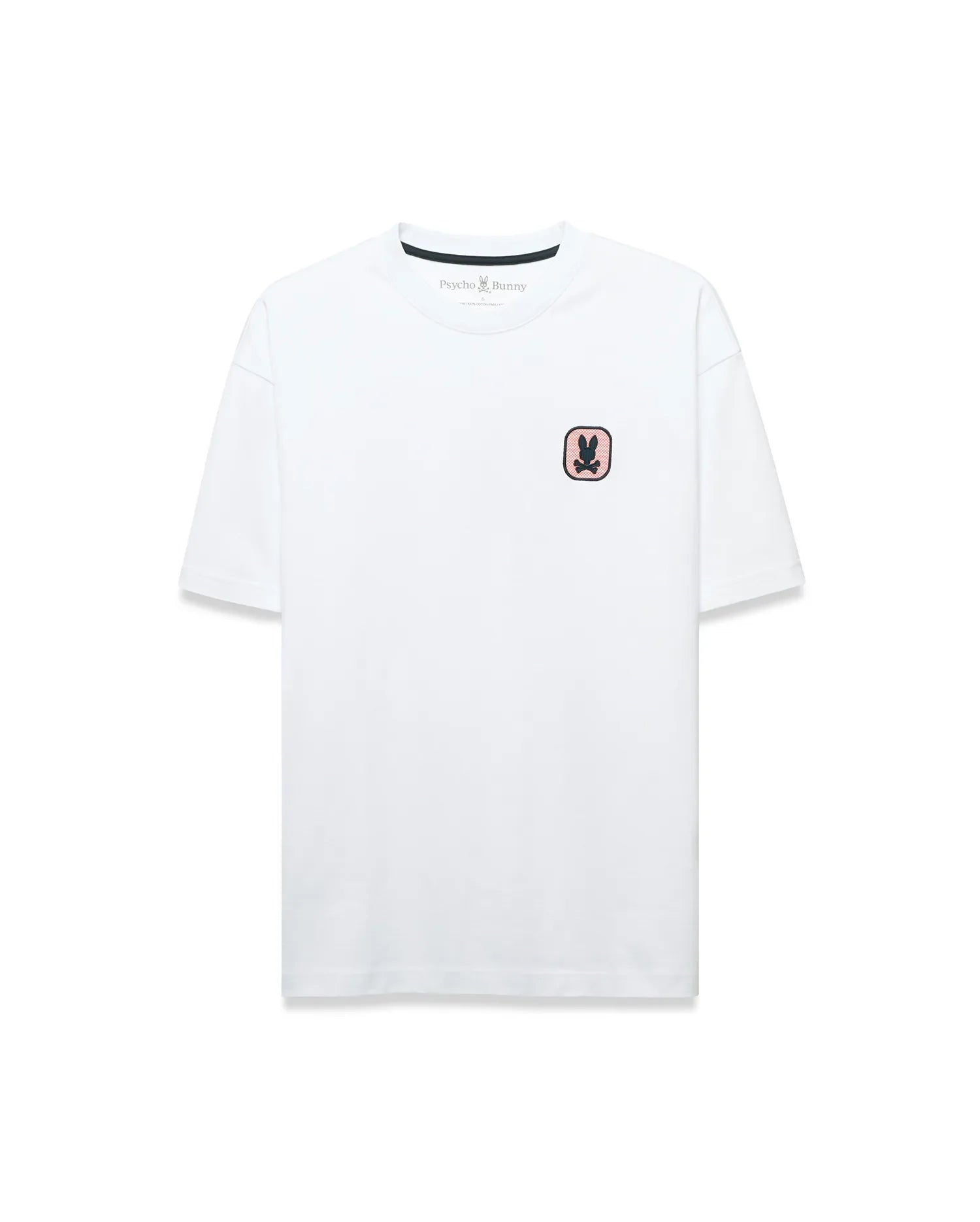 Men's Samson Oversized Bunny Tee, a white jersey t-shirt with an oversized fit, featuring a small pink and black embroidered bunny skull logo on the left chest and black Psycho Bunny neck tape. (5)