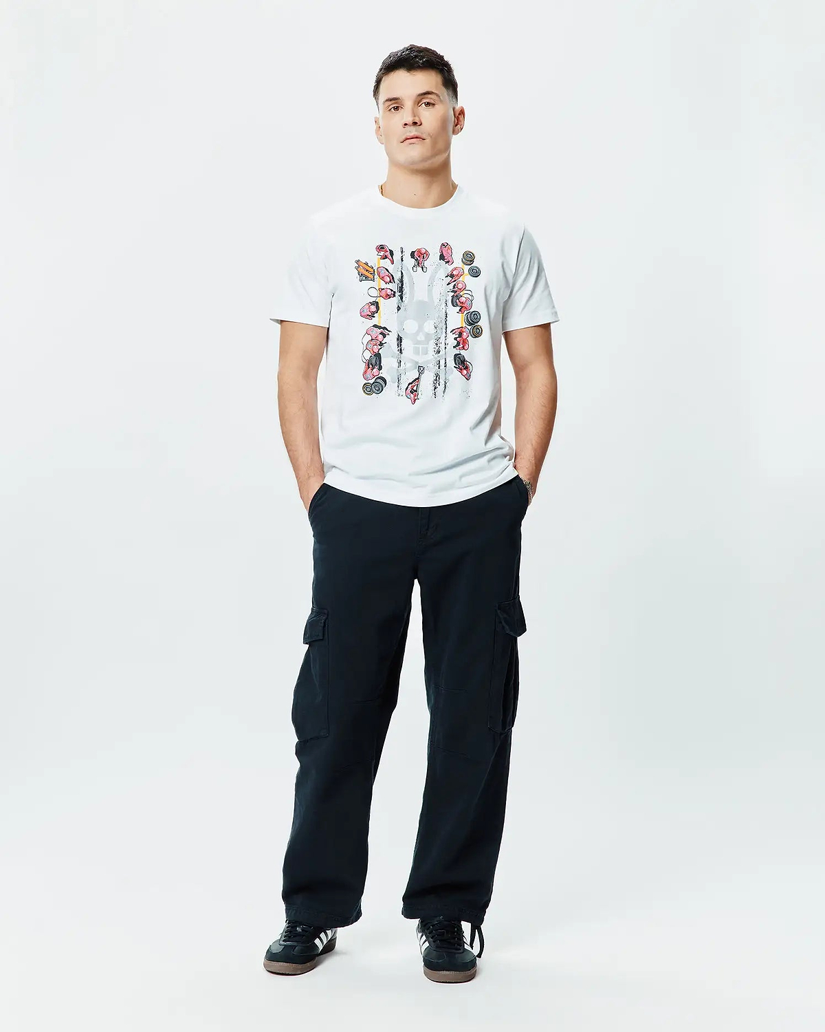 Mens Race Bunny Graphic Tee, a white classic fit jersey t-shirt featuring a large central distressed grey stripe graphic with colorful Psycho Bunny skull motifs.