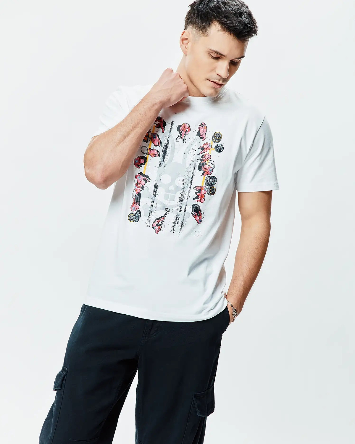 Mens Race Bunny Graphic Tee, a classic fit white jersey t-shirt featuring a vibrant front print of race car drivers, wheels, and a distressed Psycho Bunny skull.