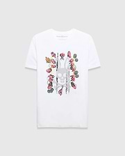 White classic fit jersey t-shirt with a large central graphic: faded grey Psycho Bunny skull, vibrant red racing figures, yellow lines, and black distressed marks. Mens Race Bunny Graphic Tee.