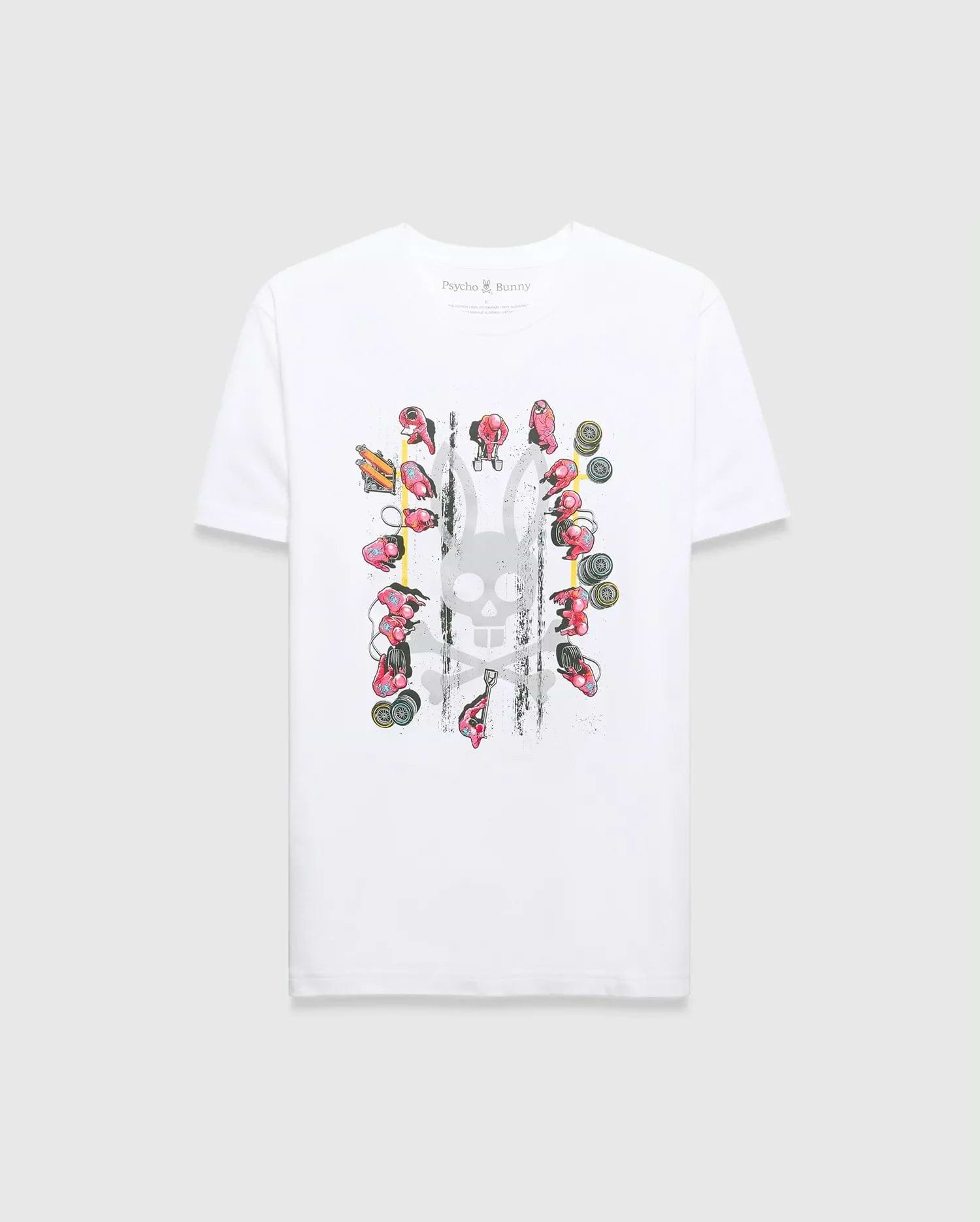 White classic fit jersey t-shirt with a large central graphic: faded grey Psycho Bunny skull, vibrant red racing figures, yellow lines, and black distressed marks. Mens Race Bunny Graphic Tee.