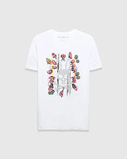 White classic fit jersey t-shirt with a large central graphic: faded grey Psycho Bunny skull, vibrant red racing figures, yellow lines, and black distressed marks. Mens Race Bunny Graphic Tee.