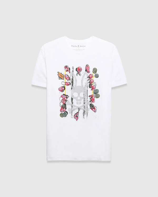 White classic fit jersey t-shirt with a large central graphic: faded grey Psycho Bunny skull, vibrant red racing figures, yellow lines, and black distressed marks. Mens Race Bunny Graphic Tee.