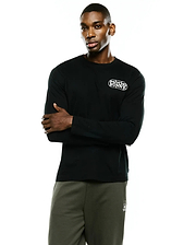 Mens Dariel Long Sleeve Back Graphic Tee in black, a classic fit, smooth jersey knit tee with a small white Psycho Bunny text logo on the left chest.
