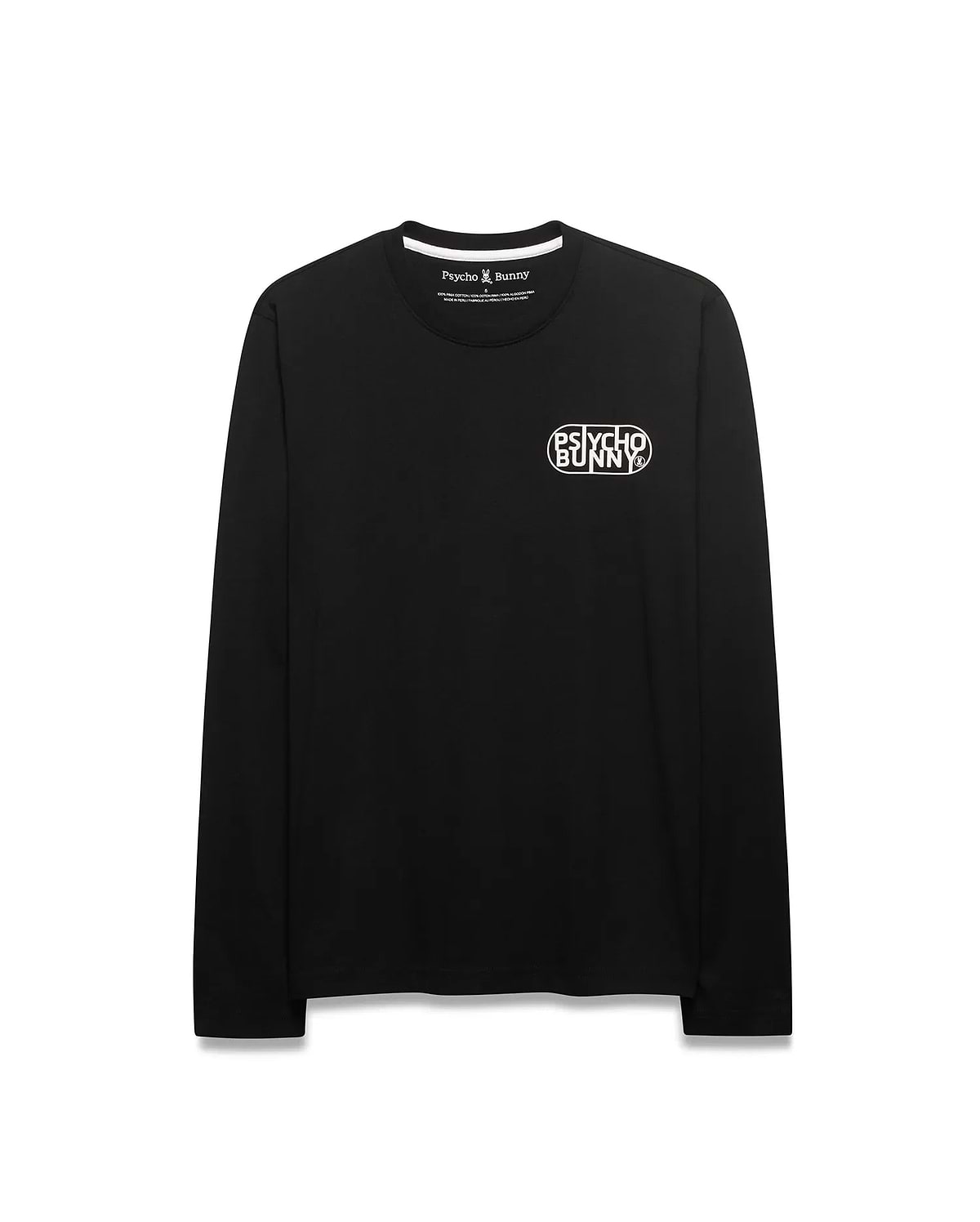 Mens Dariel Long Sleeve Back Graphic Tee in black, a classic fit jersey with a white oval Psycho Bunny text logo and skull on the left chest, and white neck trim.
