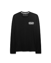 Mens Dariel Long Sleeve Back Graphic Tee in black, a classic fit jersey with a white oval Psycho Bunny text logo and skull on the left chest, and white neck trim.