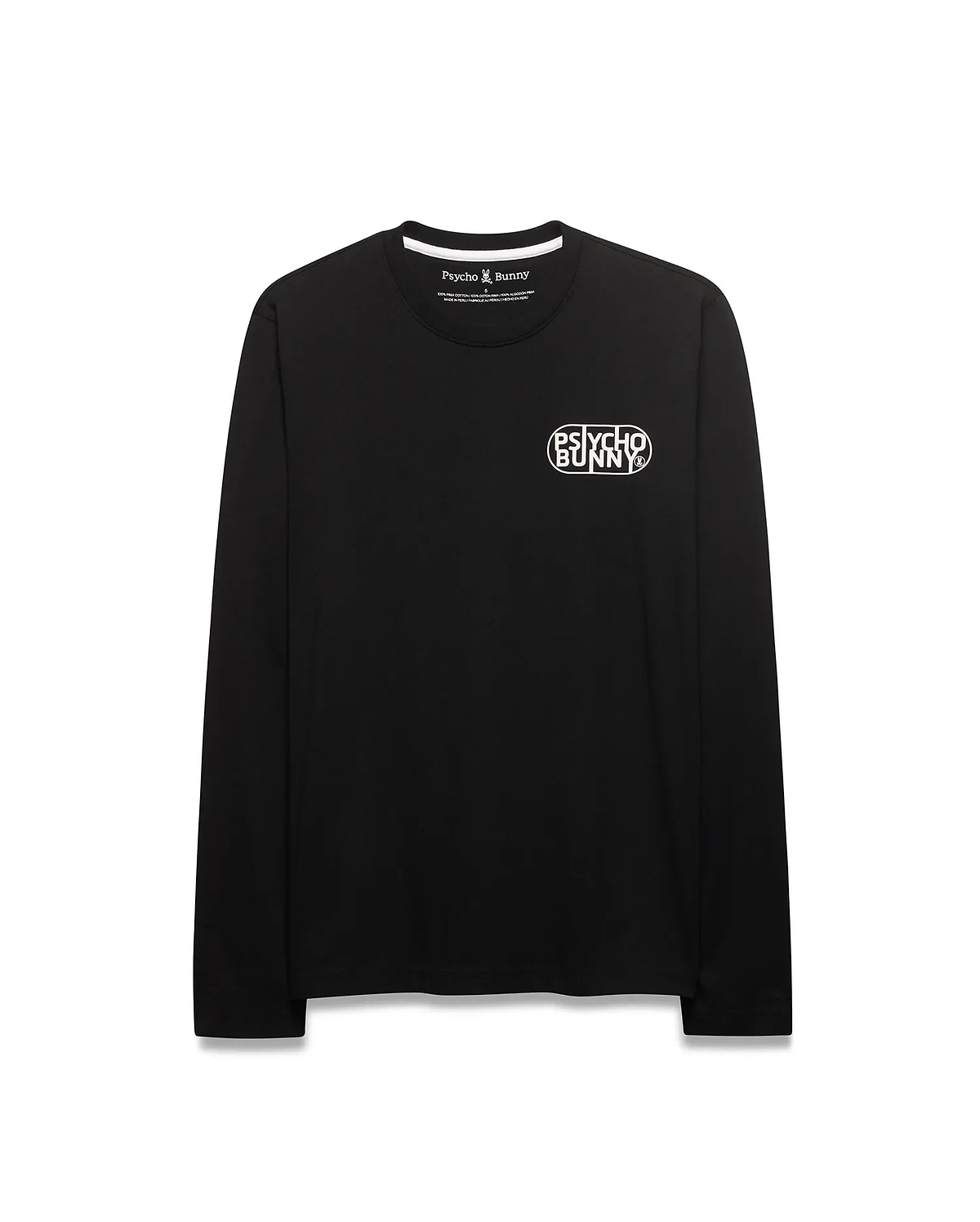 Mens Dariel Long Sleeve Back Graphic Tee in black, a classic fit jersey with a white oval Psycho Bunny text logo and skull on the left chest, and white neck trim.