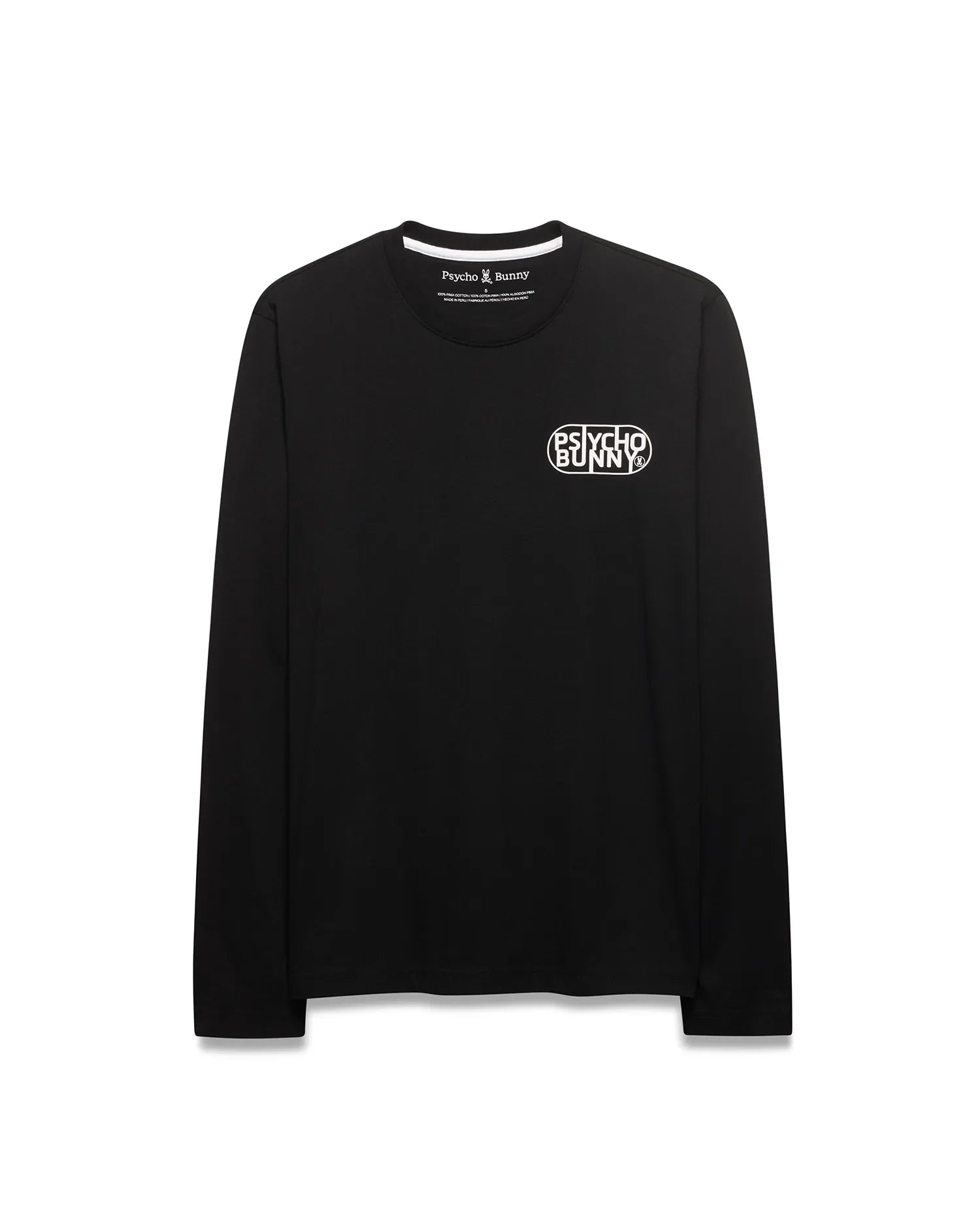 Mens Dariel Long Sleeve Back Graphic Tee in black, a classic fit jersey with a white oval Psycho Bunny text logo and skull on the left chest, and white neck trim.