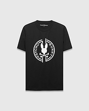 Mens Santa Fe Bunny Graphic Tee, a black classic fit jersey t-shirt featuring a large white circular graphic with the iconic Psycho Bunny skull and crossbones logo and text on the chest.