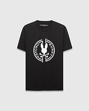 Mens Santa Fe Bunny Graphic Tee, a black classic fit jersey t-shirt featuring a large white circular graphic with the iconic Psycho Bunny skull and crossbones logo and text on the chest.
