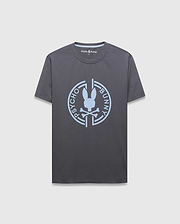Mens Santa Fe Bunny Graphic Tee, a classic fit charcoal grey jersey t-shirt with a large light blue circular chest graphic featuring the iconic Psycho Bunny skull logo and text, plus light blue inner neck tape. (1)