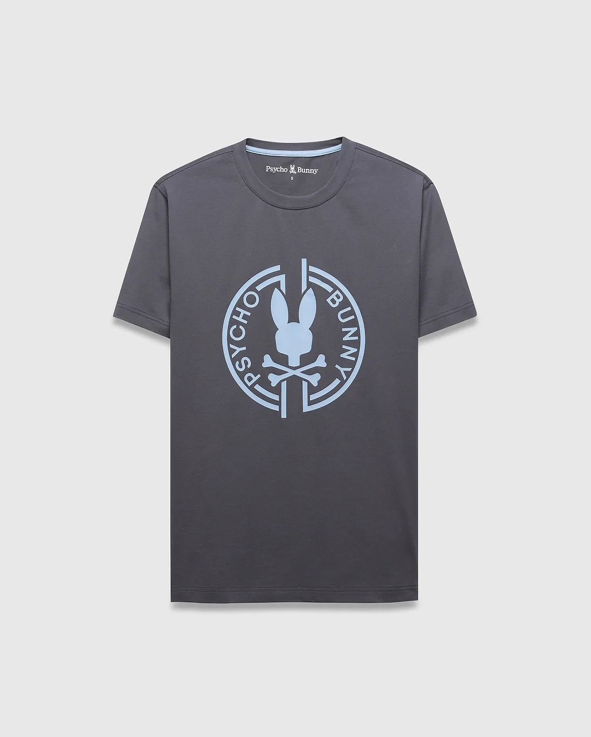 Mens Santa Fe Bunny Graphic Tee, a classic fit charcoal grey jersey t-shirt with a large light blue circular chest graphic featuring the iconic Psycho Bunny skull logo and text, plus light blue inner neck tape. (1)