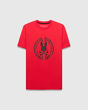 Mens Santa Fe Bunny Graphic Tee, a classic fit red jersey knit t-shirt with a large black circular Psycho Bunny skull and crossbones graphic print on the chest and a small embroidered logo on the back neck. (1)