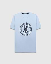 Mens Santa Fe Bunny Graphic Tee. Light blue jersey t-shirt with a classic fit, featuring a large dark grey circular chest graphic of the iconic Psycho Bunny skull logo and brand name. (1)