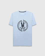 Mens Santa Fe Bunny Graphic Tee. Light blue jersey t-shirt with a classic fit, featuring a large dark grey circular chest graphic of the iconic Psycho Bunny skull logo and brand name. (1)