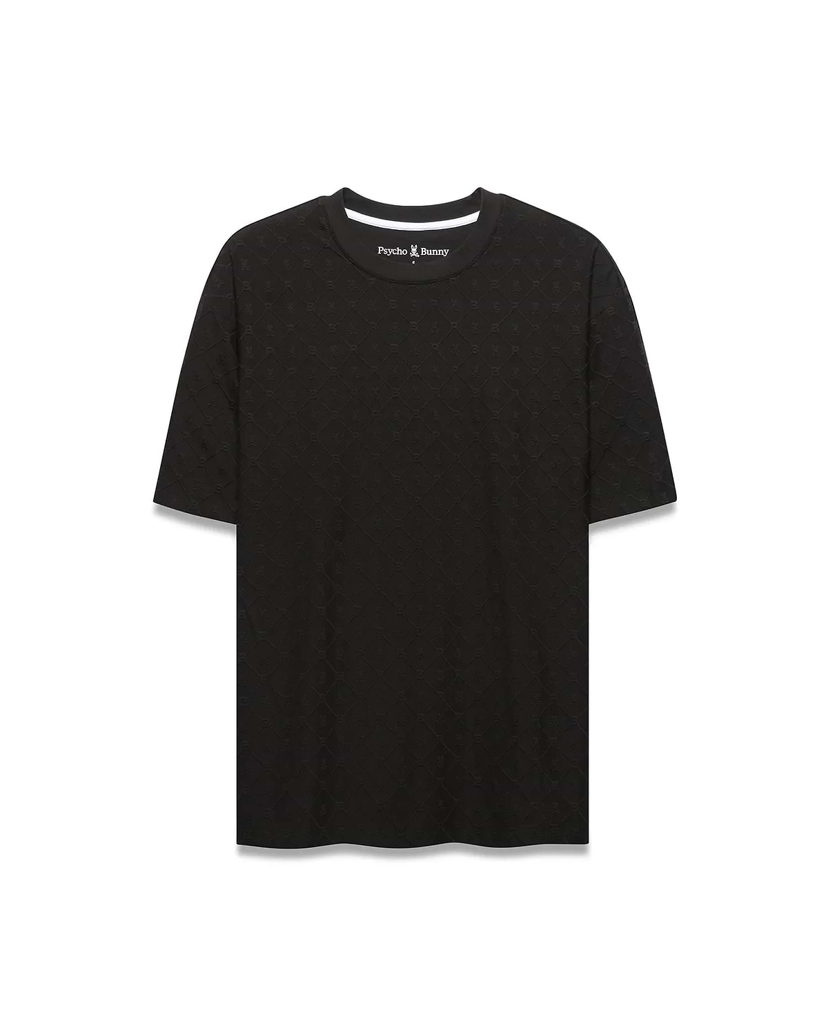Black Mens Garry Relaxed Fit Tee featuring a subtle all-over embossed Psycho Bunny skull and crossbones pattern, textured jersey fabric, and white inner neckline trim. (5)