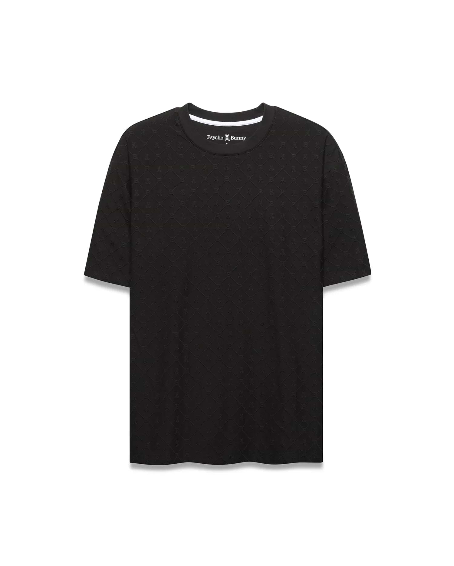 Black Mens Garry Relaxed Fit Tee featuring a subtle all-over embossed Psycho Bunny skull and crossbones pattern, textured jersey fabric, and white inner neckline trim. (5)