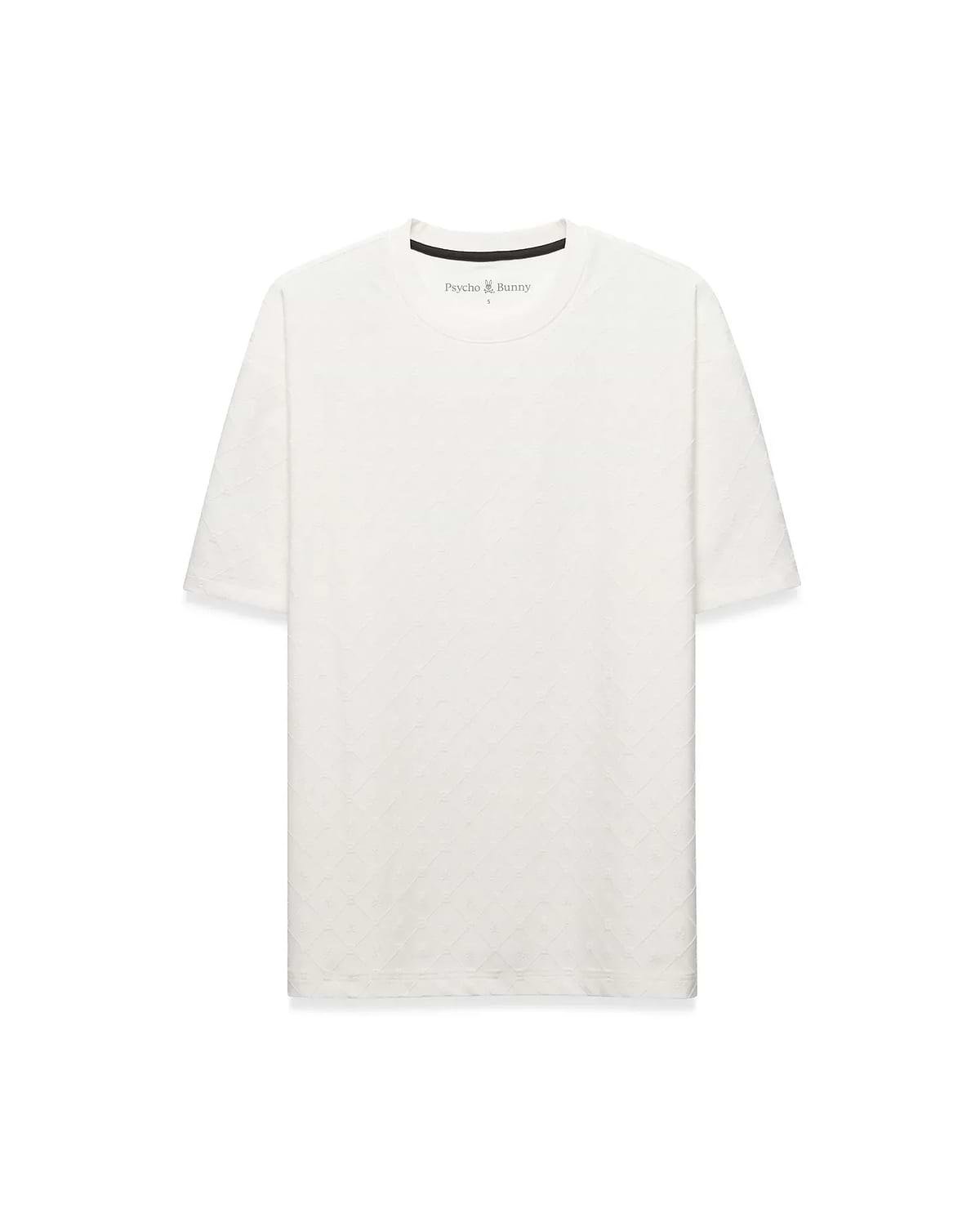 Off-white Mens Garry Relaxed Fit Tee, featuring a subtle embossed diamond and bunny skull pattern, small Psycho Bunny logo on left chest, and black branded neck tape. (5)