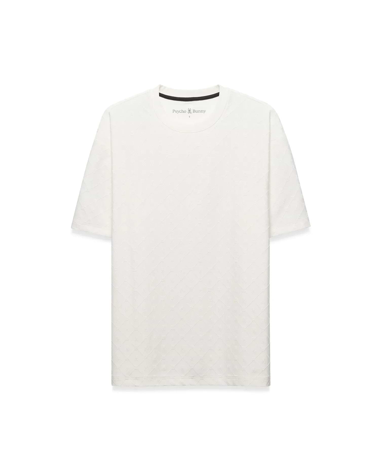 Off-white Mens Garry Relaxed Fit Tee, featuring a subtle embossed diamond and bunny skull pattern, small Psycho Bunny logo on left chest, and black branded neck tape. (5)