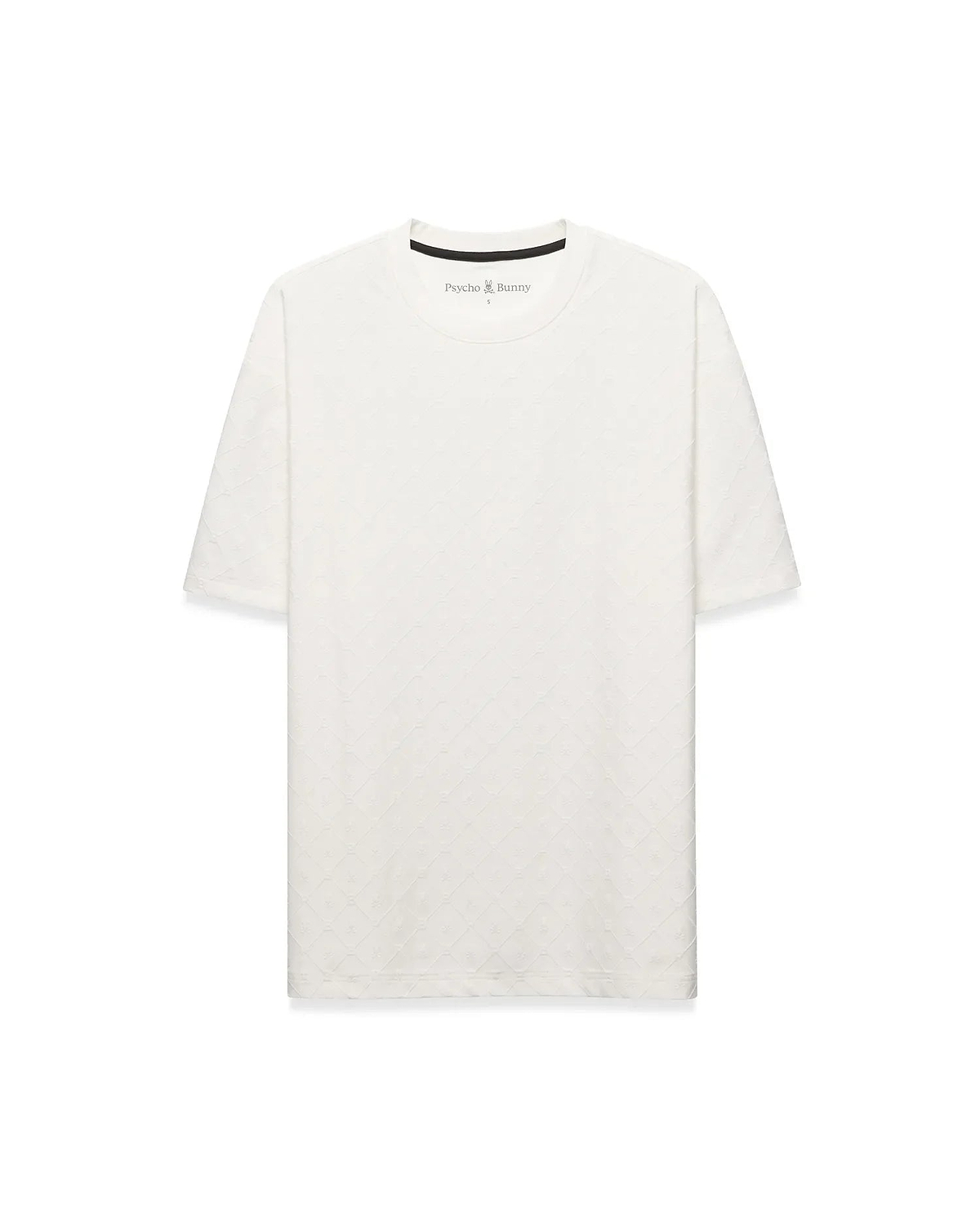 Off-white Mens Garry Relaxed Fit Tee, featuring a subtle embossed diamond and bunny skull pattern, small Psycho Bunny logo on left chest, and black branded neck tape. (5)