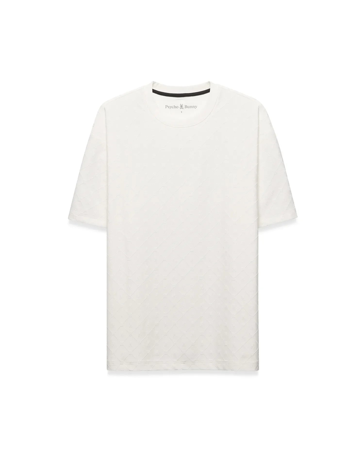 Off-white Mens Garry Relaxed Fit Tee, featuring a subtle embossed diamond and bunny skull pattern, small Psycho Bunny logo on left chest, and black branded neck tape. (5)