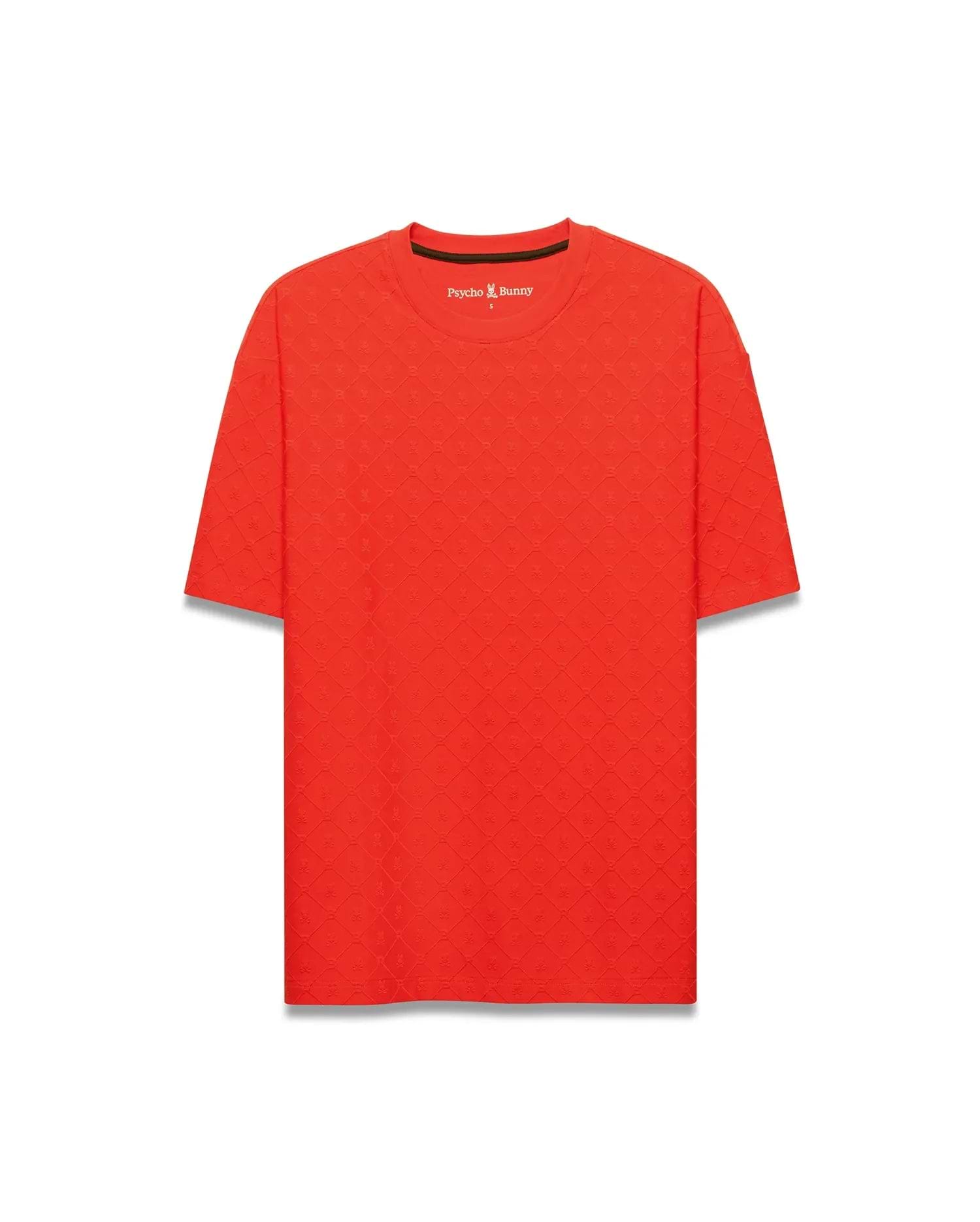 Vibrant red Mens Garry Relaxed Fit Tee, featuring a subtle yet distinct all-over embossed pattern of the iconic Psycho Bunny skull logo on its textured jersey-like fabric. (5)
