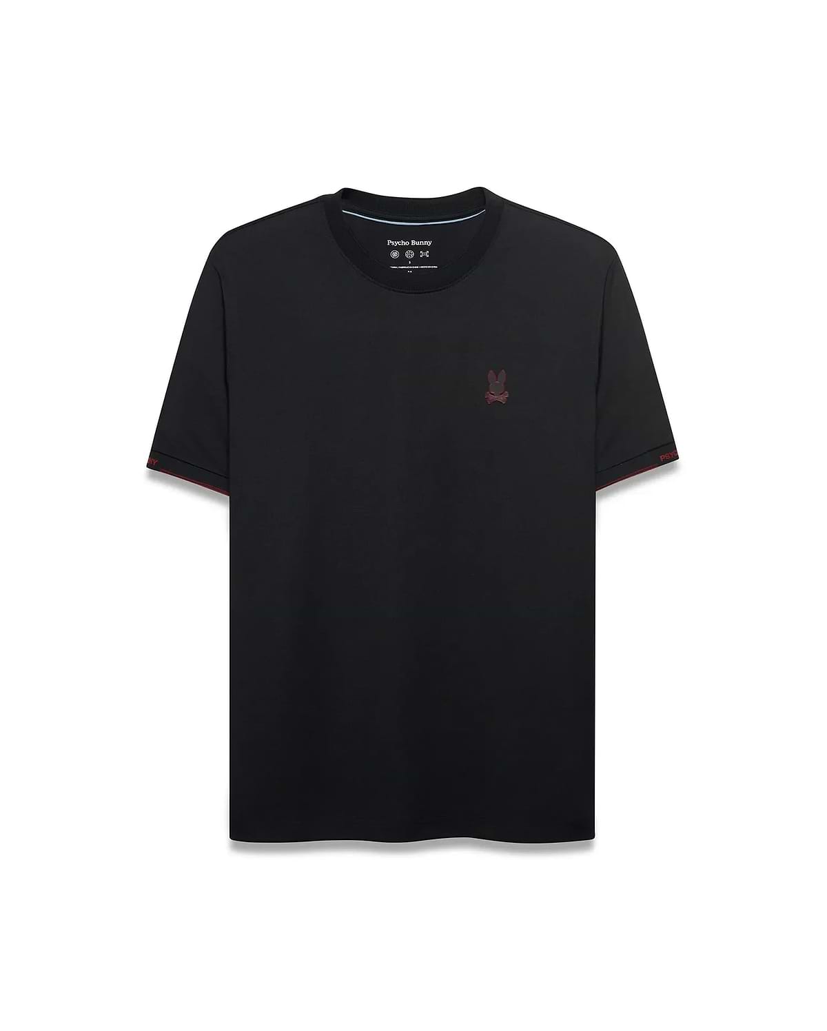 Edmonds Chest Bunny Sport Tee, a black classic fit jersey t-shirt with a small embroidered red bunny skull logo on the left chest, red sleeve cuff trim, and Psycho Bunny text on the right sleeve. (5)