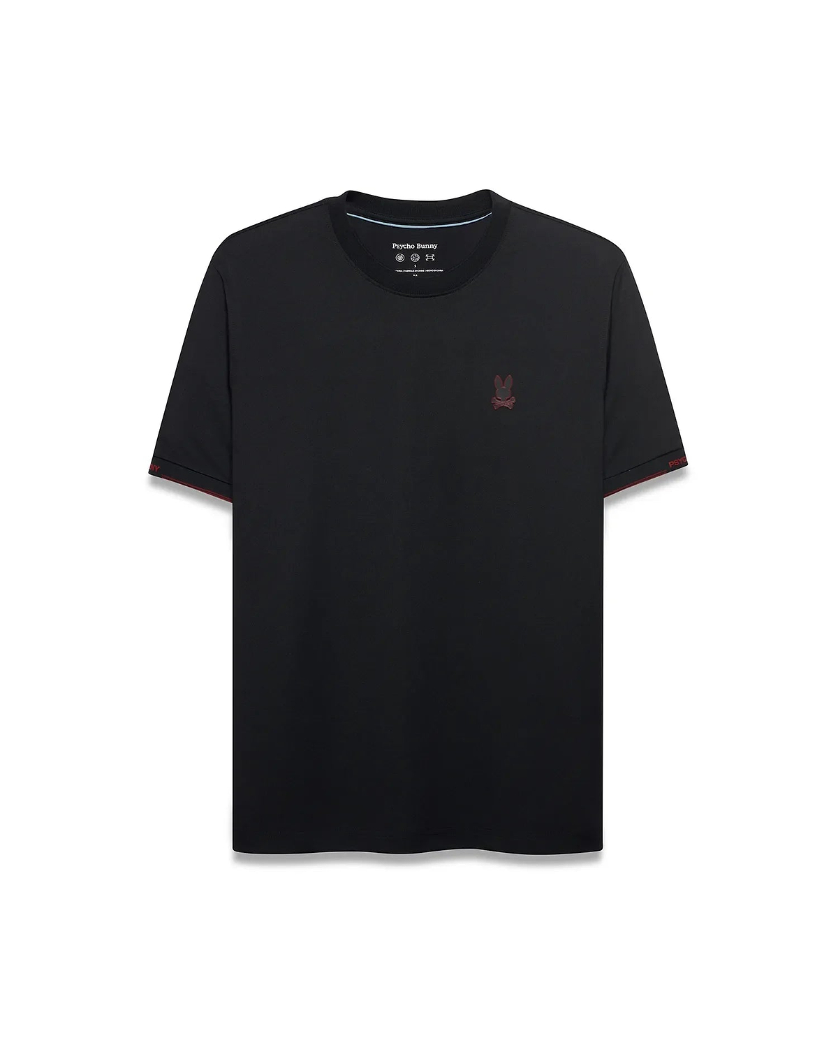 Edmonds Chest Bunny Sport Tee, a black classic fit jersey t-shirt with a small embroidered red bunny skull logo on the left chest, red sleeve cuff trim, and Psycho Bunny text on the right sleeve. (5)