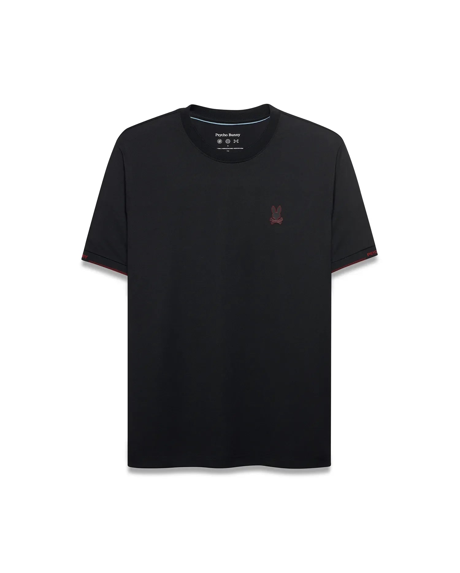 Edmonds Chest Bunny Sport Tee, a black classic fit jersey t-shirt with a small embroidered red bunny skull logo on the left chest, red sleeve cuff trim, and Psycho Bunny text on the right sleeve. (5)