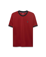 Men's Edmonds Chest Bunny Sport Tee, a classic fit deep red jersey tee with black crew neck and sleeve cuff trim, featuring a small embroidered dark grey Psycho Bunny skull logo on the left chest. (5)