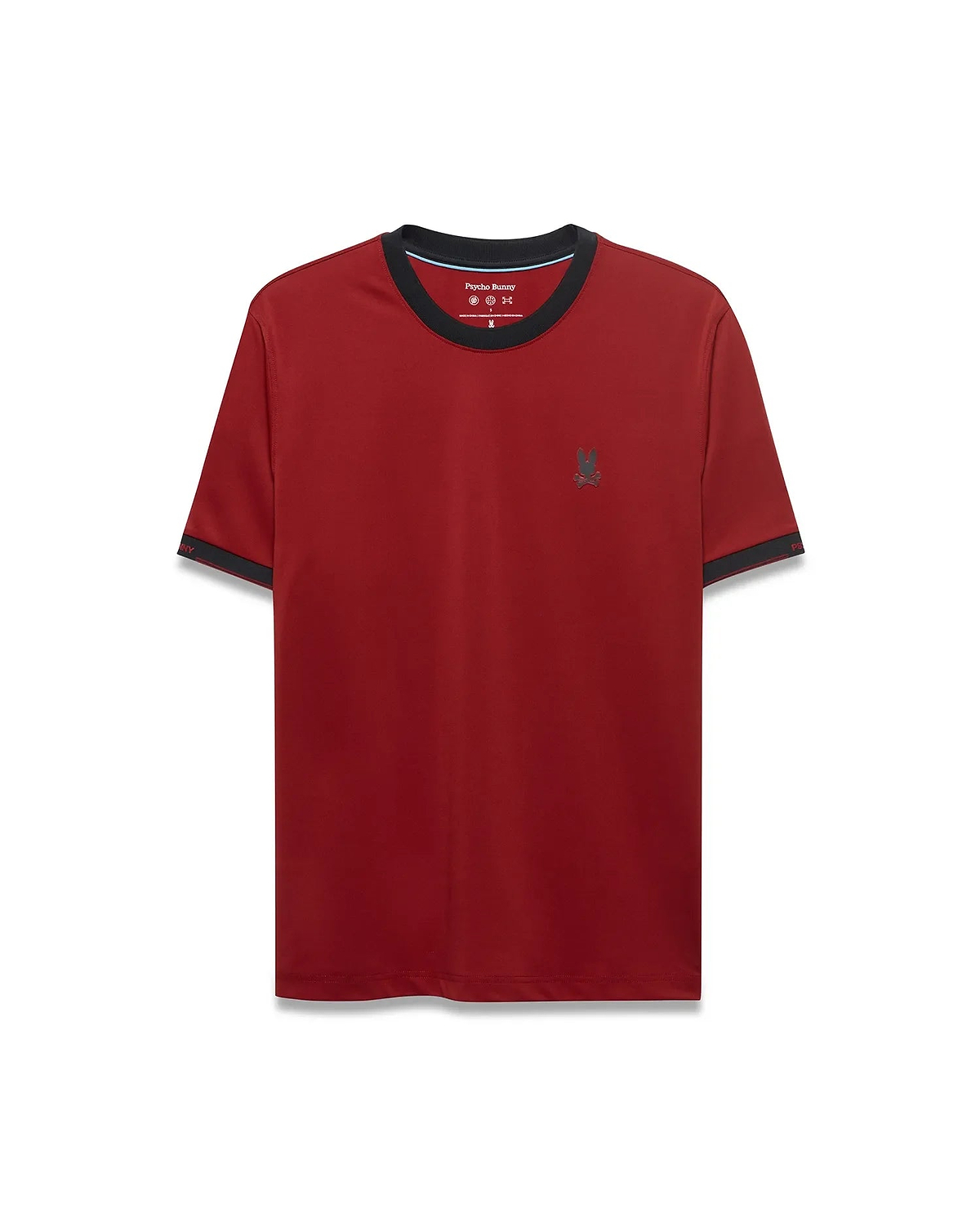 Men's Edmonds Chest Bunny Sport Tee, a classic fit deep red jersey tee with black crew neck and sleeve cuff trim, featuring a small embroidered dark grey Psycho Bunny skull logo on the left chest. (5)