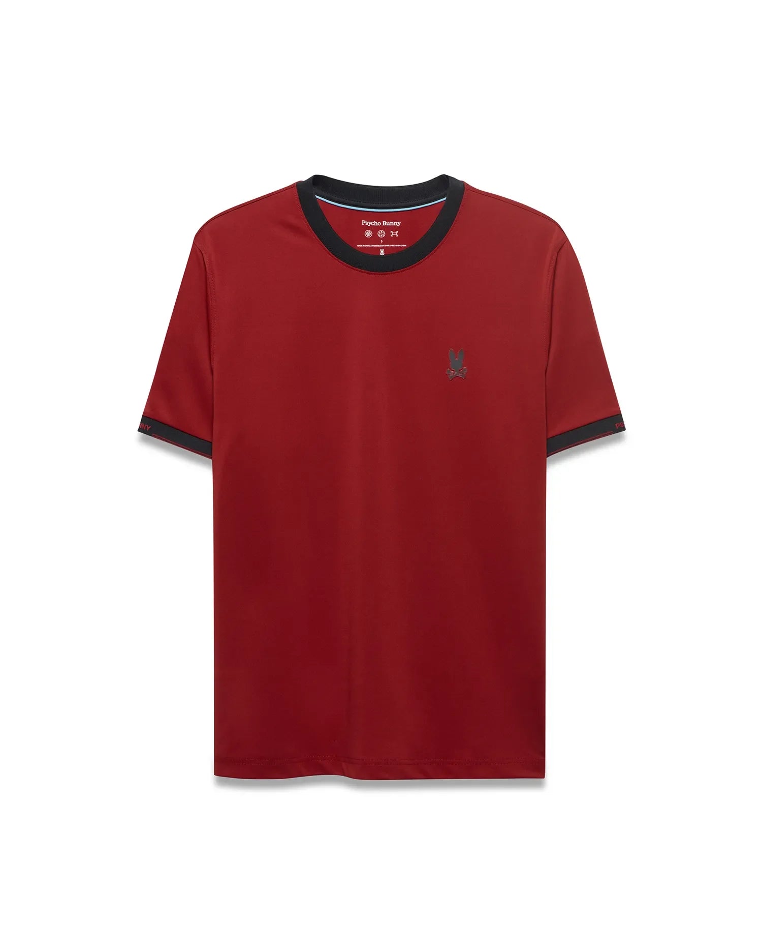 Men's Edmonds Chest Bunny Sport Tee, a classic fit deep red jersey tee with black crew neck and sleeve cuff trim, featuring a small embroidered dark grey Psycho Bunny skull logo on the left chest. (5)
