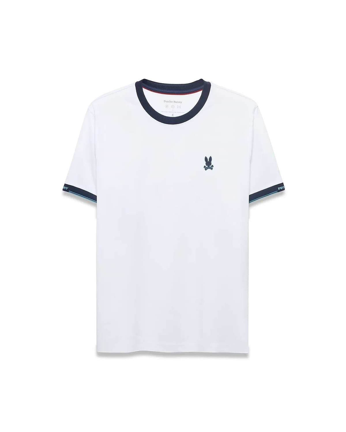 Men's Edmonds Chest Bunny Sport Tee: White jersey t-shirt with a navy ringer collar, striped navy and light blue sleeve cuffs, and a small embroidered Psycho Bunny skull logo on the left chest. Classic fit. (5)