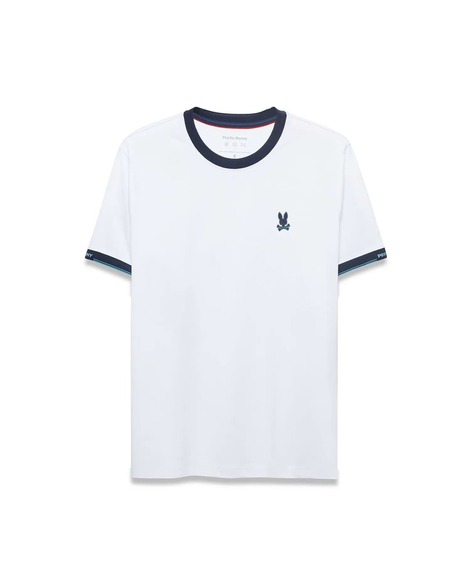 Men's Edmonds Chest Bunny Sport Tee: White jersey t-shirt with a navy ringer collar, striped navy and light blue sleeve cuffs, and a small embroidered Psycho Bunny skull logo on the left chest. Classic fit. (5)