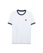 Men's Edmonds Chest Bunny Sport Tee: White jersey t-shirt with a navy ringer collar, striped navy and light blue sleeve cuffs, and a small embroidered Psycho Bunny skull logo on the left chest. Classic fit. (5)