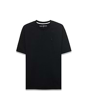 Black Mens Arlen Relaxed Seersucker Tee with subtle texture, featuring a small embroidered black Psycho Bunny skull logo on the left chest and white inner neckline trim. (6)