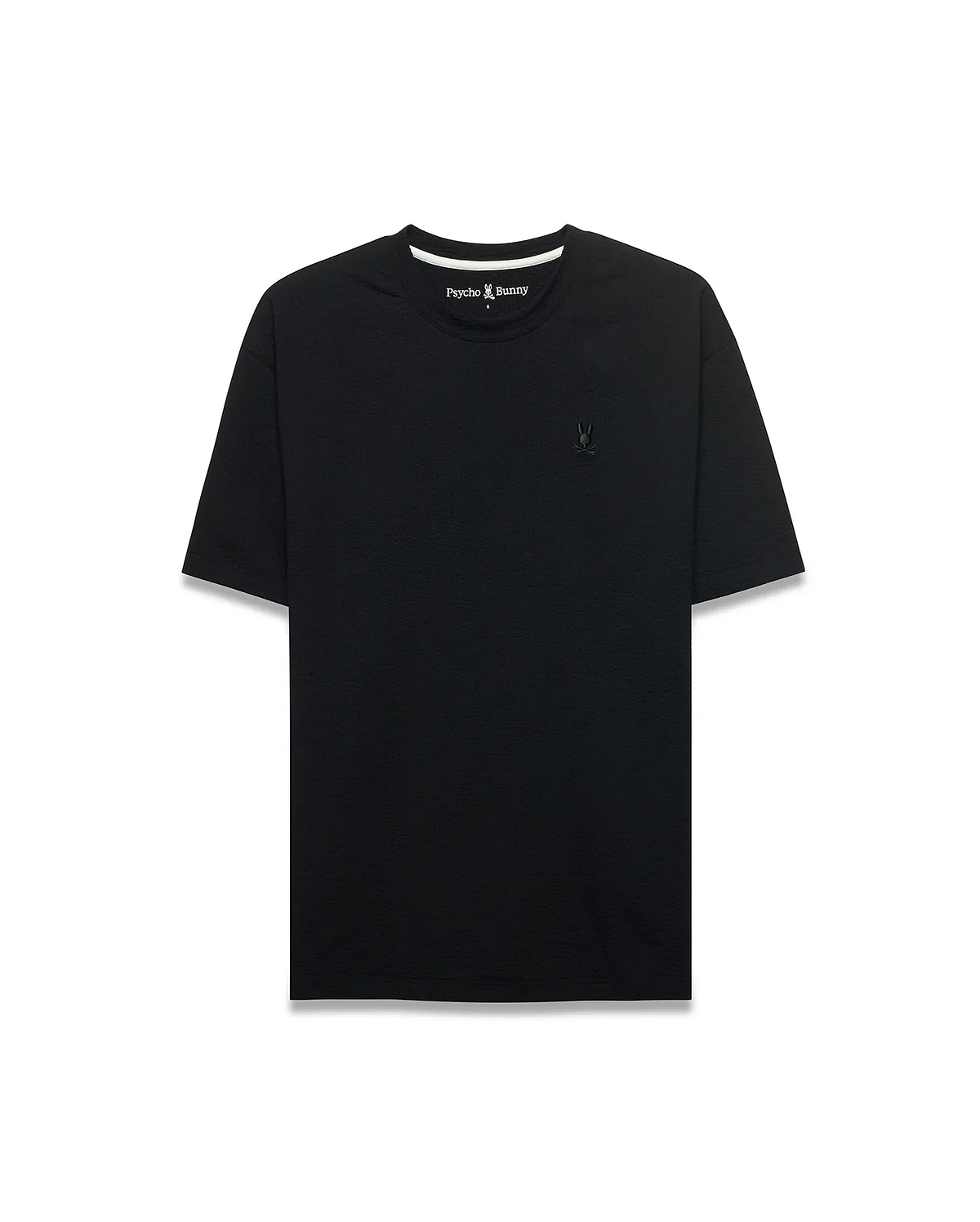 Black Mens Arlen Relaxed Seersucker Tee with subtle texture, featuring a small embroidered black Psycho Bunny skull logo on the left chest and white inner neckline trim. (6)