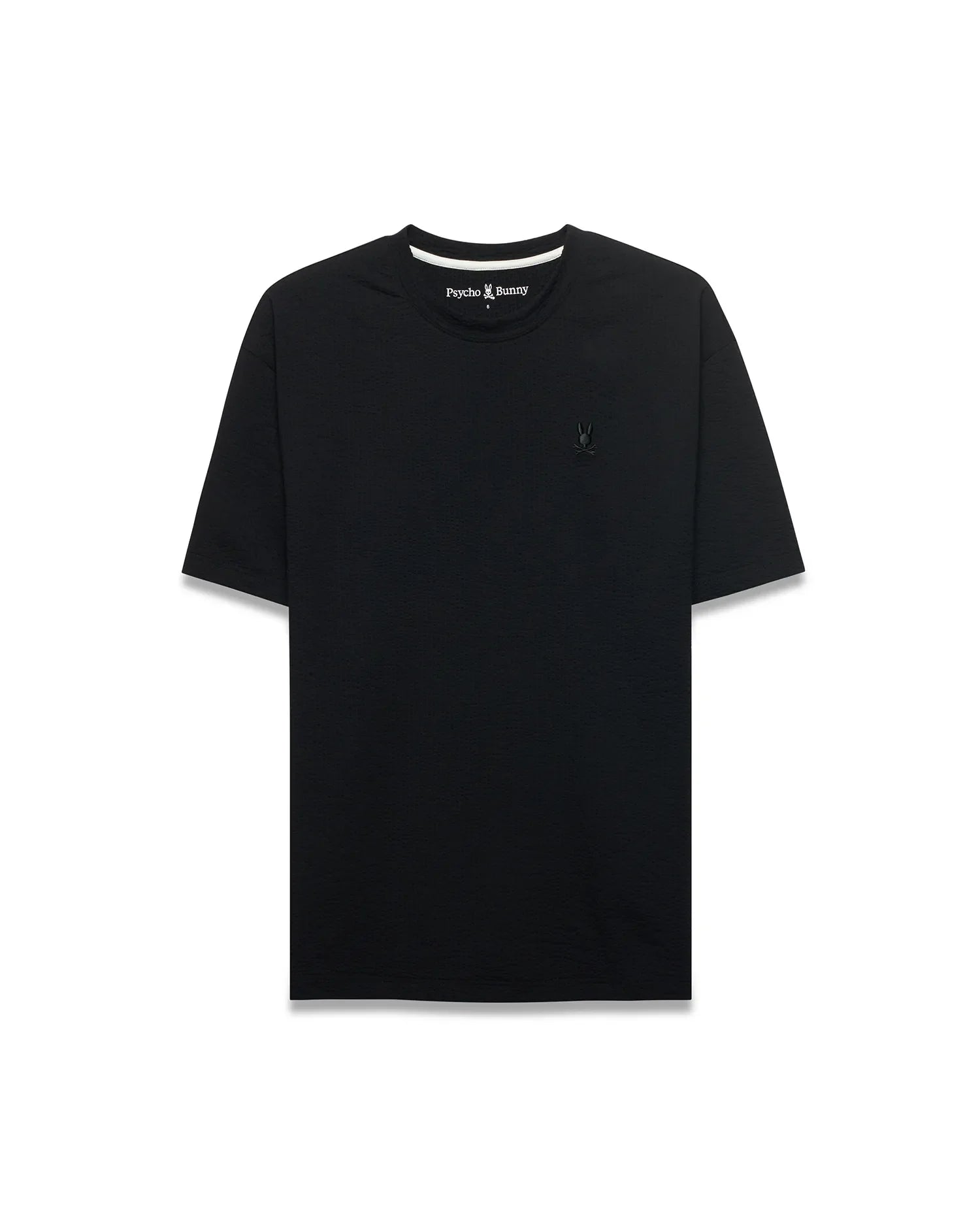 Black Mens Arlen Relaxed Seersucker Tee with subtle texture, featuring a small embroidered black Psycho Bunny skull logo on the left chest and white inner neckline trim. (6)