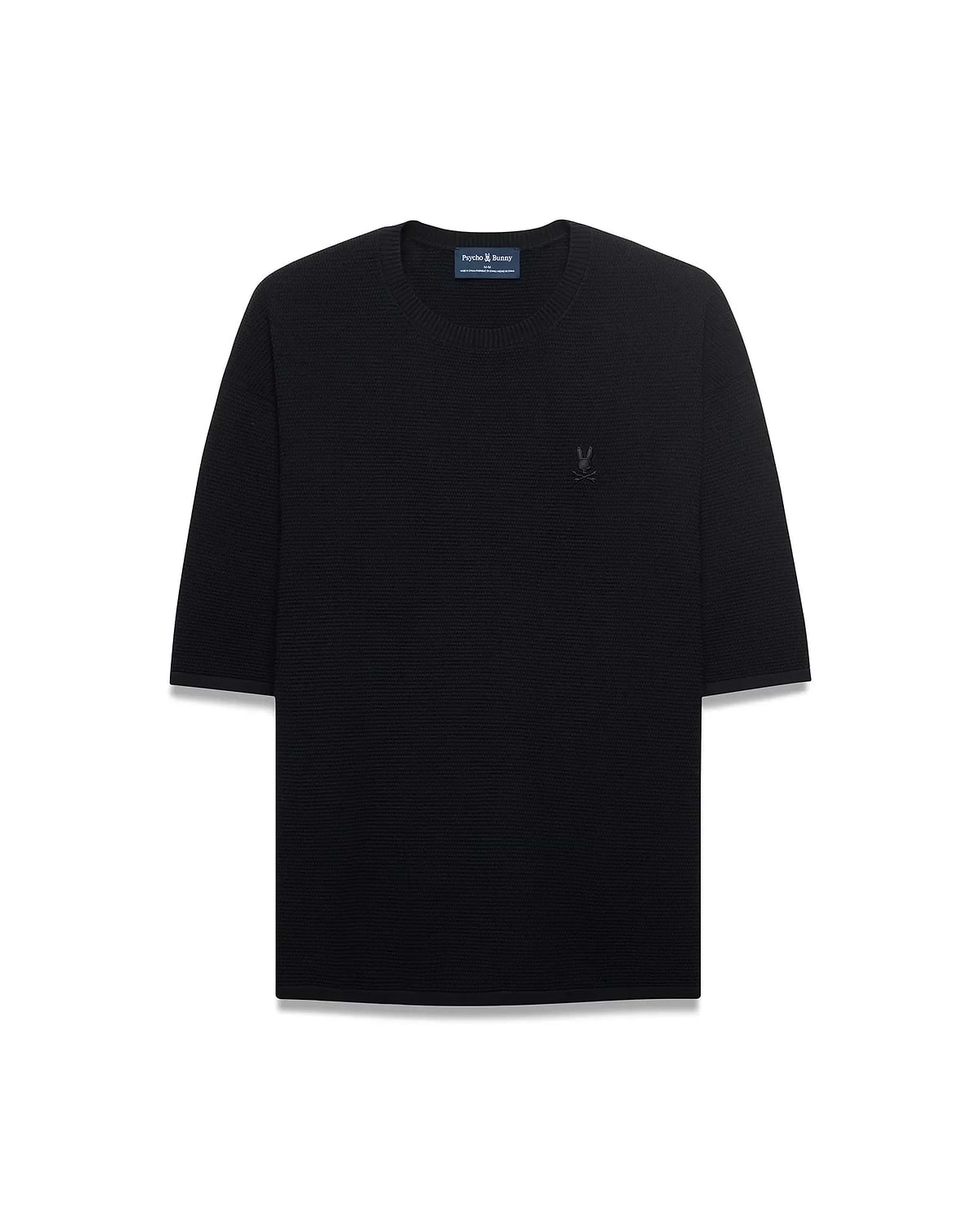 Mens Makai Textured Knit T-Shirt in black, featuring a relaxed fit, textured knit fabric, and a tonal embroidered Psycho Bunny skull logo on the left chest.