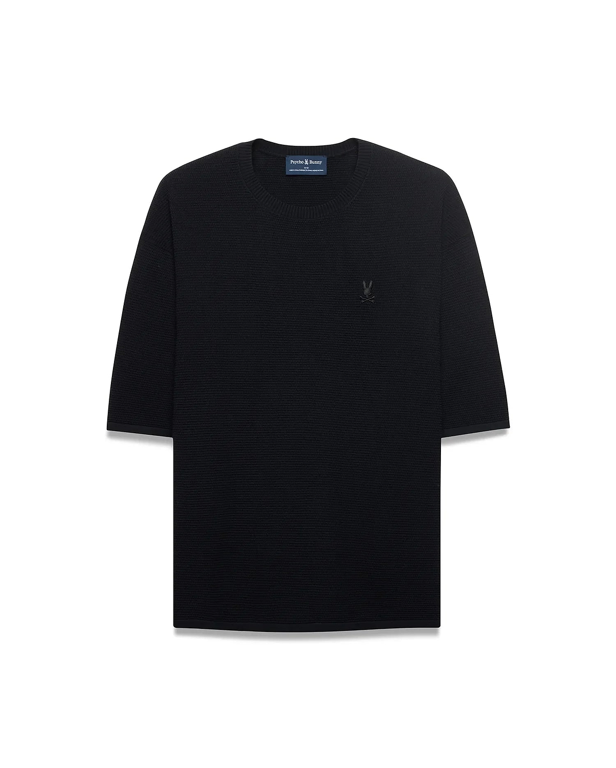 Mens Makai Textured Knit T-Shirt in black, featuring a relaxed fit, textured knit fabric, and a tonal embroidered Psycho Bunny skull logo on the left chest.