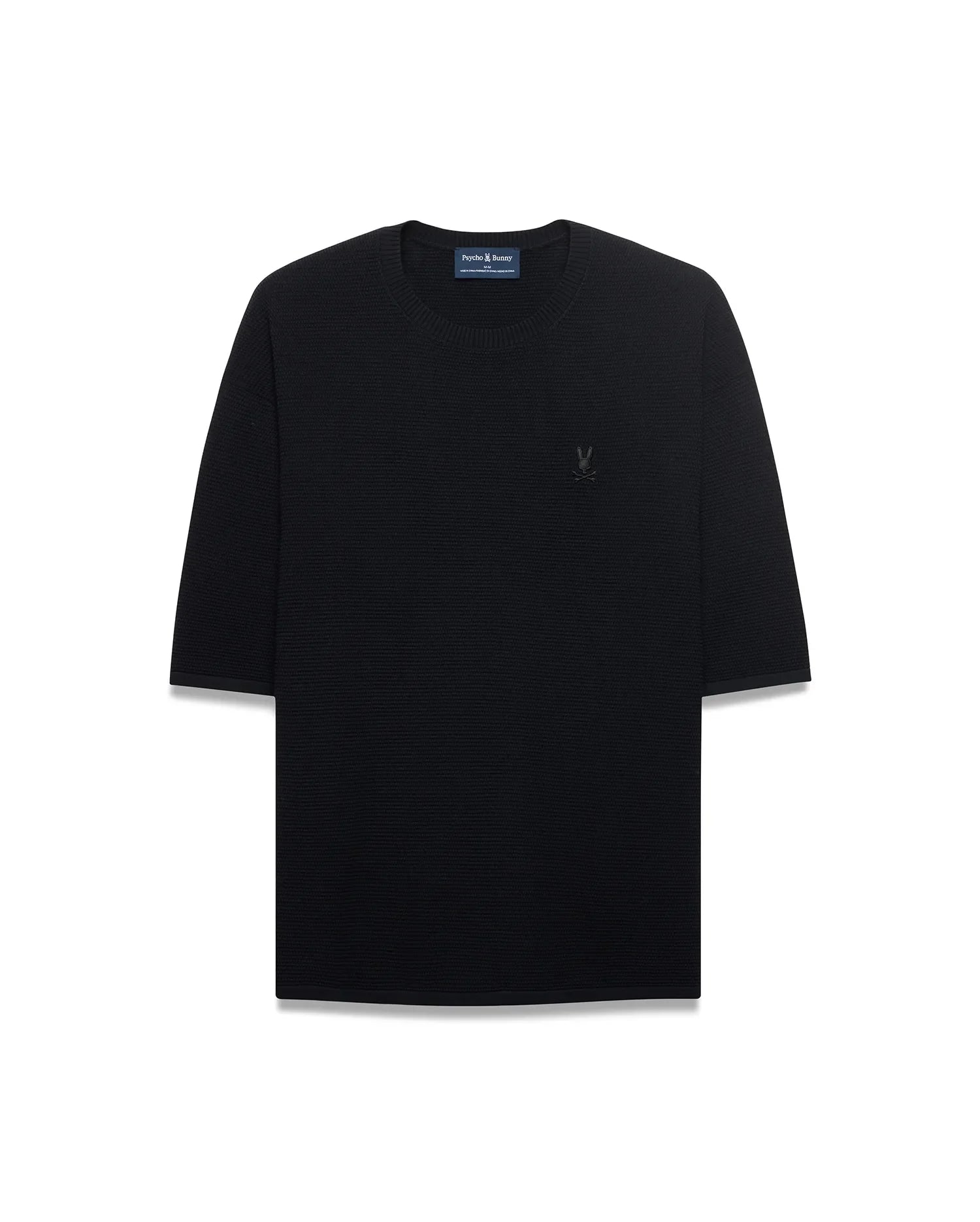 Mens Makai Textured Knit T-Shirt in black, featuring a relaxed fit, textured knit fabric, and a tonal embroidered Psycho Bunny skull logo on the left chest.