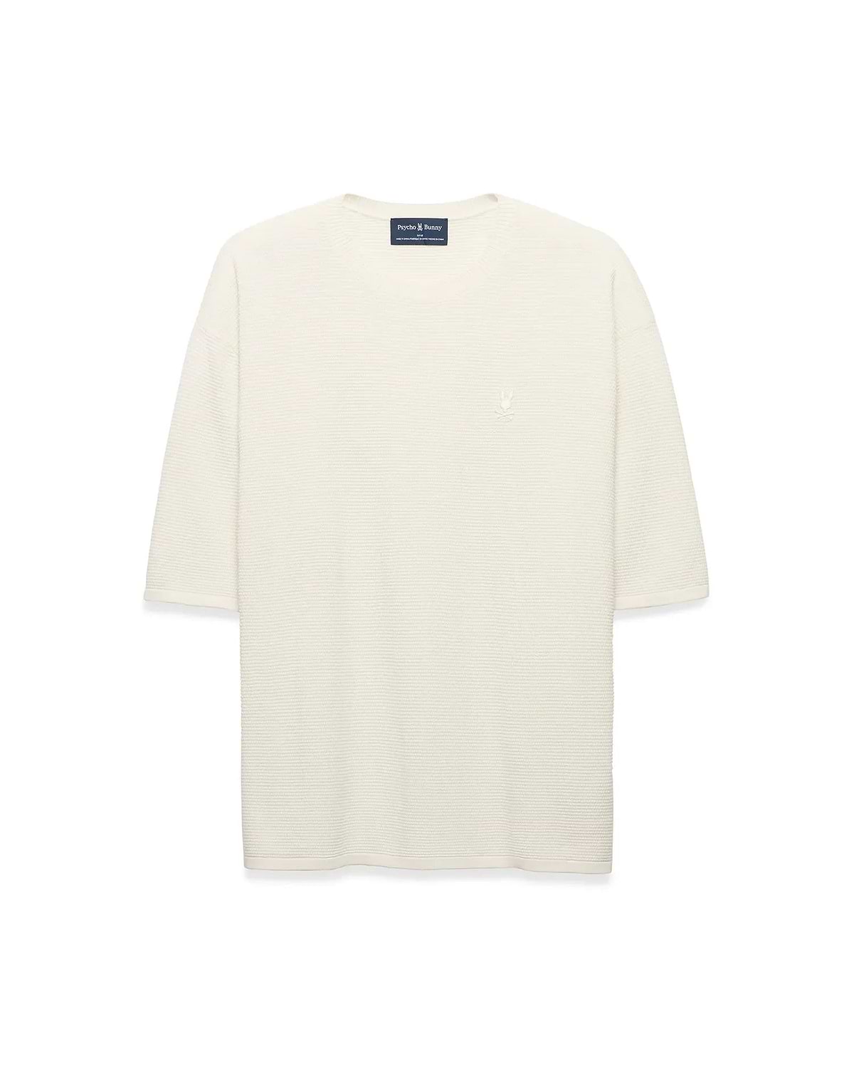 Mens Makai Textured Knit T-Shirt in cream, featuring a relaxed fit, subtle horizontal textured knit, and a small tonal embroidered Psycho Bunny skull logo on the left chest.