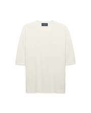 Mens Makai Textured Knit T-Shirt in cream, featuring a relaxed fit, subtle horizontal textured knit, and a small tonal embroidered Psycho Bunny skull logo on the left chest.