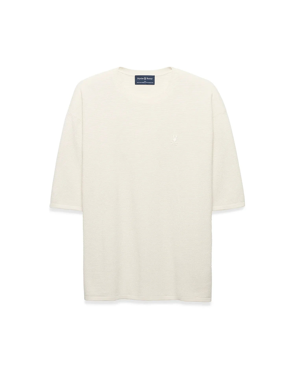 Mens Makai Textured Knit T-Shirt in cream, featuring a relaxed fit, subtle horizontal textured knit, and a small tonal embroidered Psycho Bunny skull logo on the left chest.